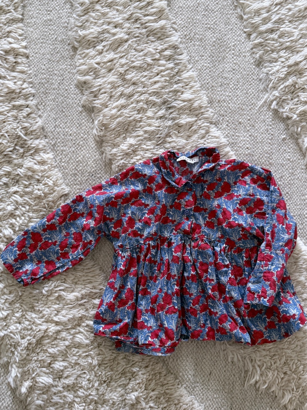 Caramel Red and Blue Floral Long-Sleeve Peplum Top